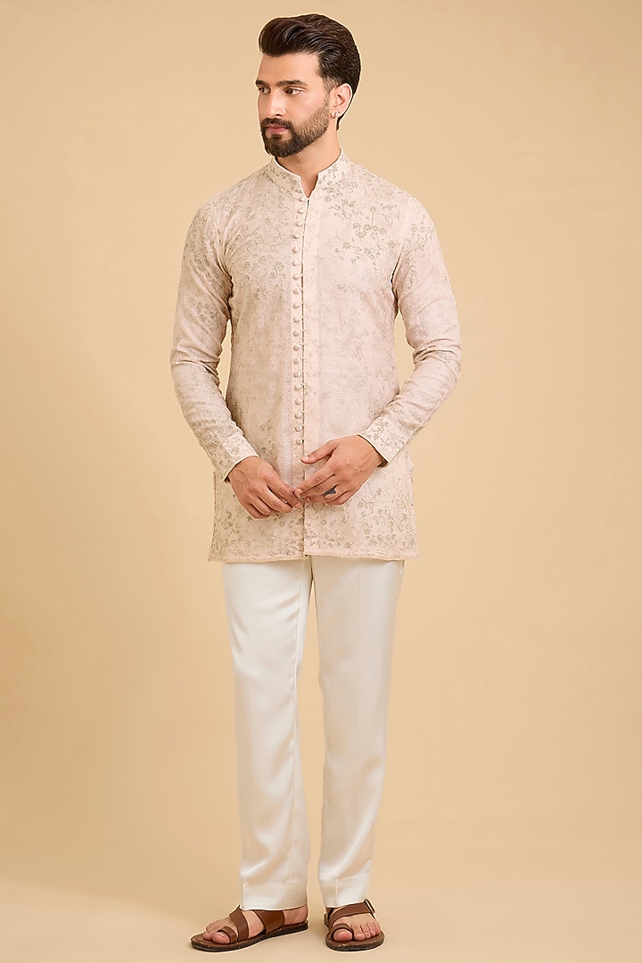 Pale Pink Georgette & Estelle Satin Kurta Set by ARJAN DUGAL at Pernia's Pop Up Shop