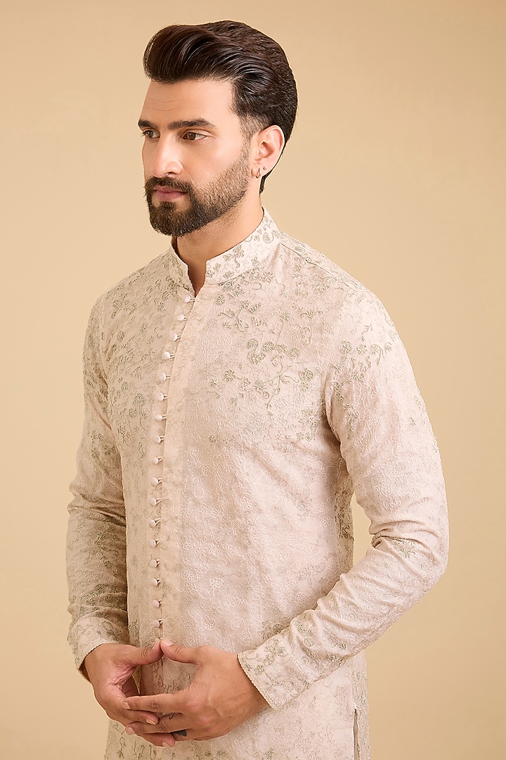Pale Pink Georgette & Estelle Satin Kurta Set by ARJAN DUGAL at Pernia's Pop Up Shop