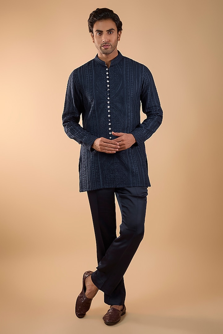 Navy Blue Organza Silk Kurta Set by ARJAN DUGAL at Pernia's Pop Up Shop