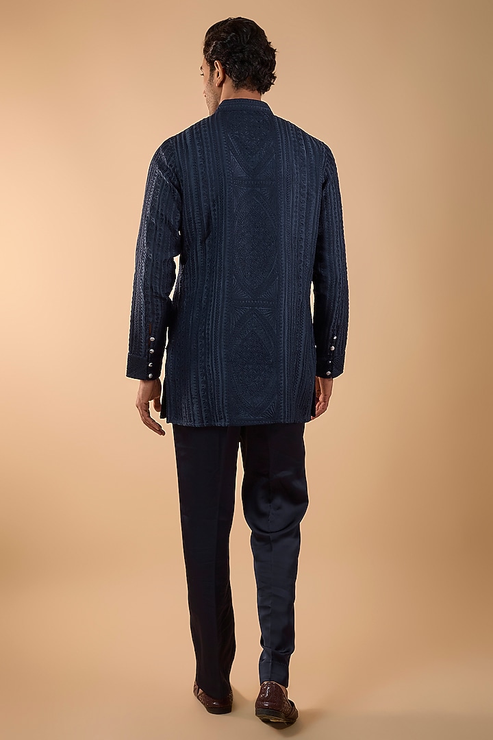 Navy Blue Organza Silk Kurta Set by ARJAN DUGAL at Pernia's Pop Up Shop