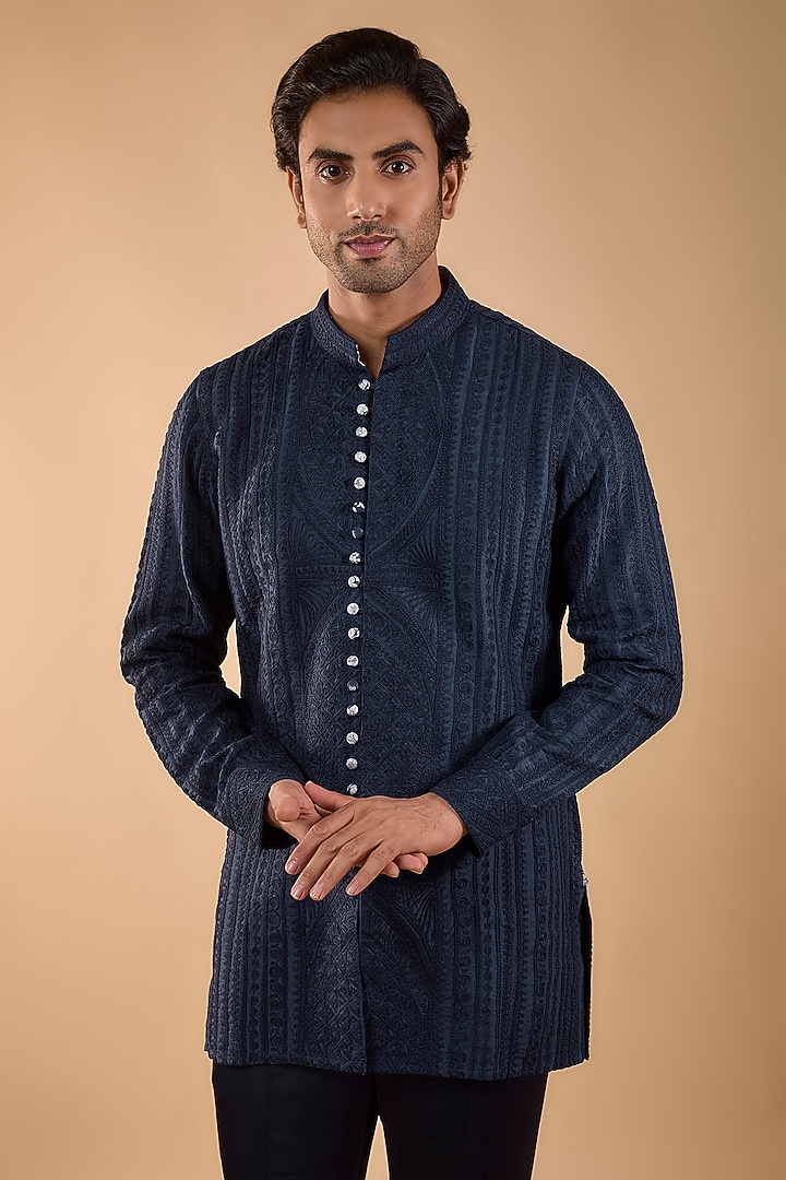 Navy Blue Organza Silk Kurta Set by ARJAN DUGAL at Pernia's Pop Up Shop
