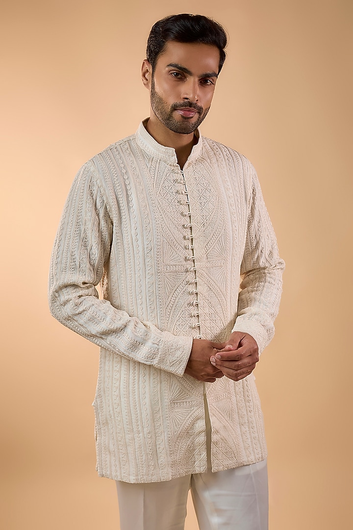 Off-White Organza Silk Kurta Set by ARJAN DUGAL at Pernia's Pop Up Shop