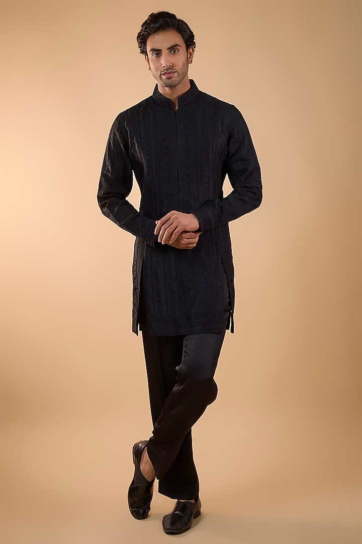 Black Organza & Satin Kurta Set by ARJAN DUGAL at Pernia's Pop Up Shop