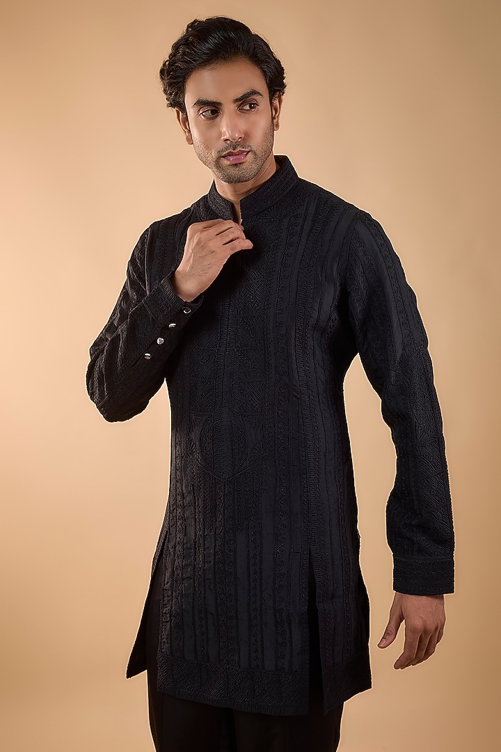 Black Organza & Satin Kurta Set by ARJAN DUGAL at Pernia's Pop Up Shop