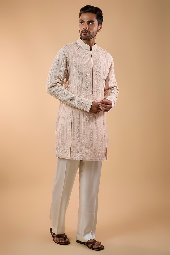 Pale Pink Organza & Satin Kurta Set by ARJAN DUGAL at Pernia's Pop Up Shop