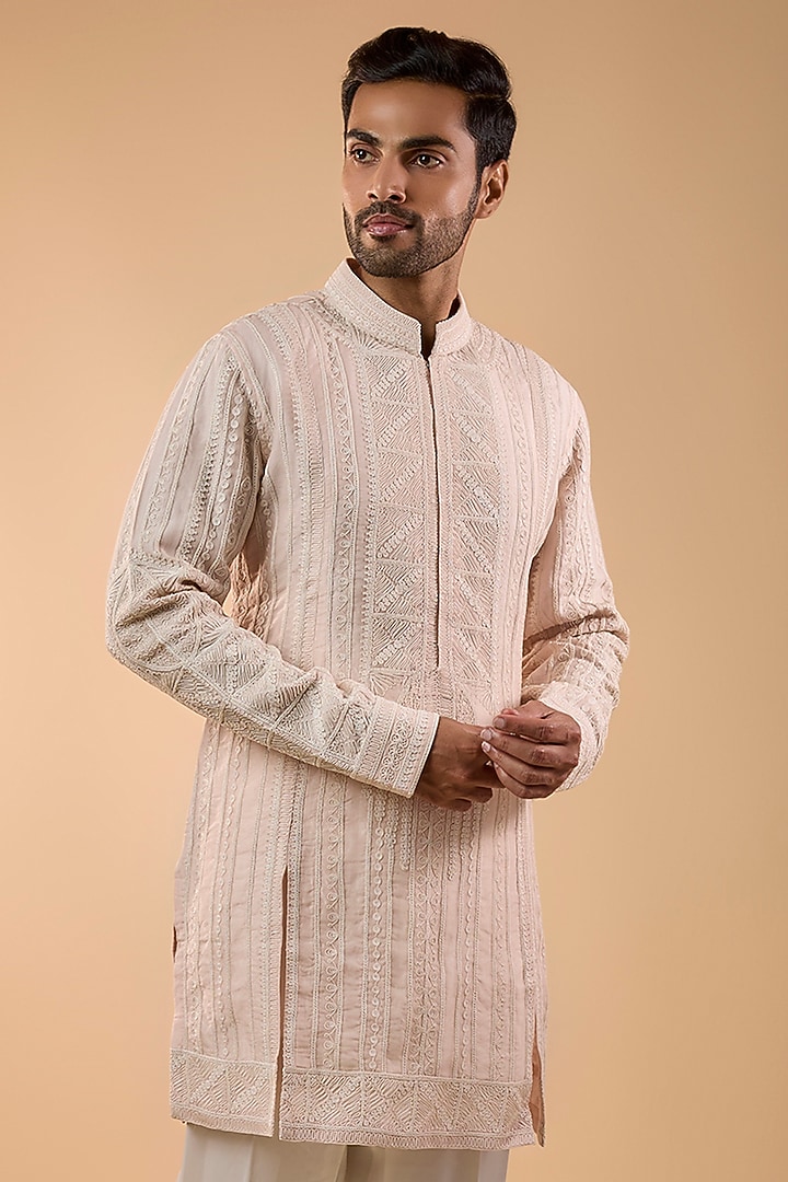 Pale Pink Organza & Satin Kurta Set by ARJAN DUGAL at Pernia's Pop Up Shop