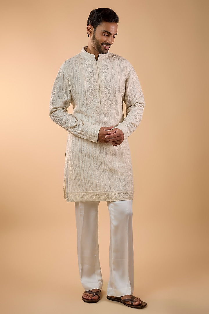Off-White Pink Organza & Satin Kurta Set by ARJAN DUGAL at Pernia's Pop Up Shop
