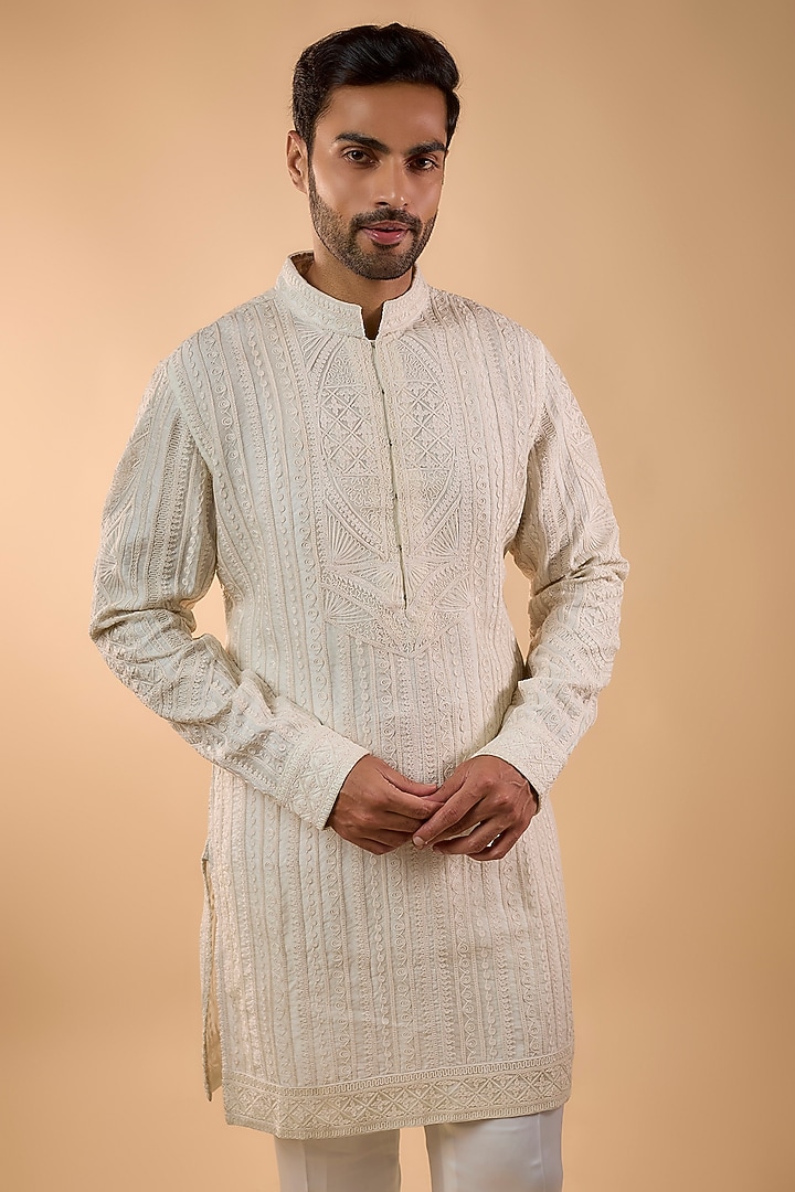 Off-White Pink Organza & Satin Kurta Set by ARJAN DUGAL at Pernia's Pop Up Shop