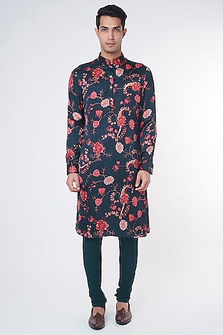 Blue Modal Silk Satin Floral Digital Printed Kurta Set by ARJAN DUGAL