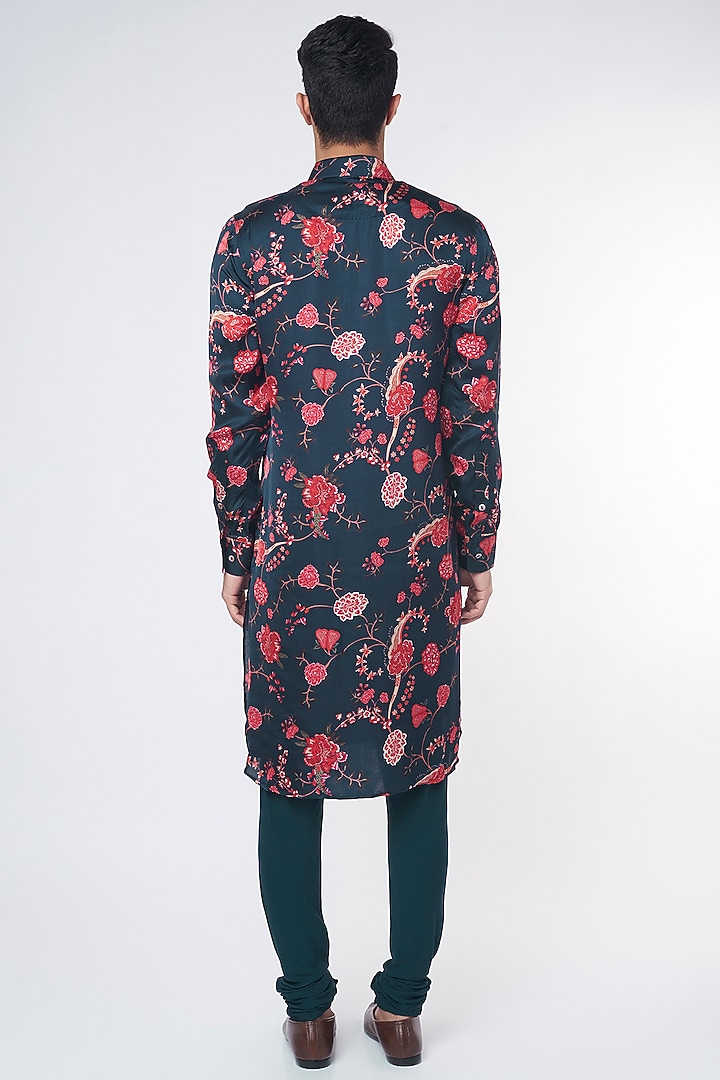 Blue Modal Silk Satin Floral Digital Printed Kurta Set by ARJAN DUGAL at Pernia's Pop Up Shop