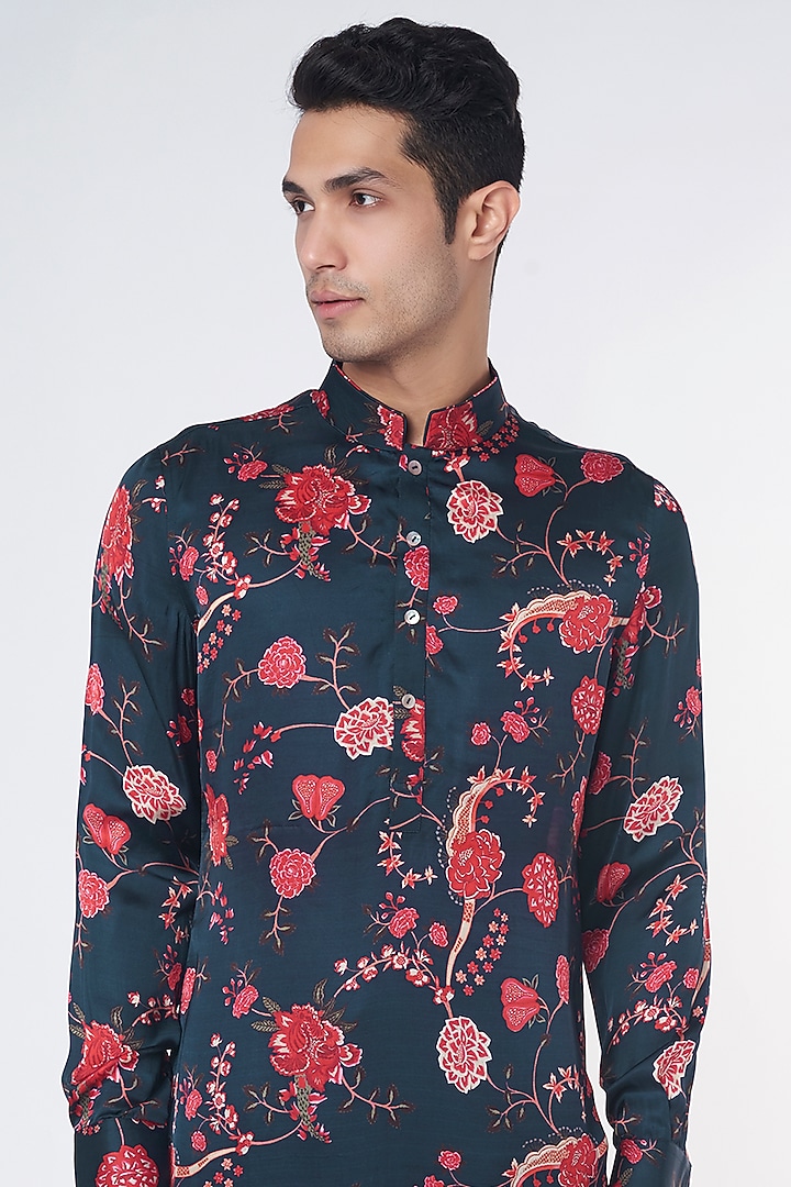 Blue Modal Silk Satin Floral Digital Printed Kurta Set by ARJAN DUGAL at Pernia's Pop Up Shop