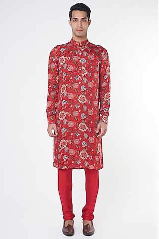 Red Modal Silk Satin Floral Digital Printed Kurta Set by ARJAN DUGAL