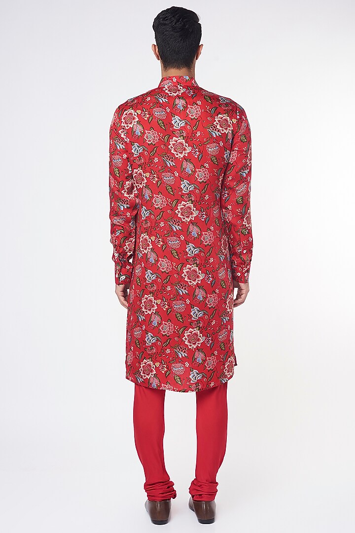 Red Modal Silk Satin Floral Digital Printed Kurta Set by ARJAN DUGAL at Pernia's Pop Up Shop