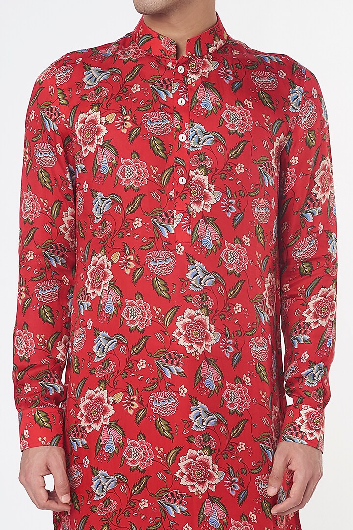 Red Modal Silk Satin Floral Digital Printed Kurta Set by ARJAN DUGAL at Pernia's Pop Up Shop