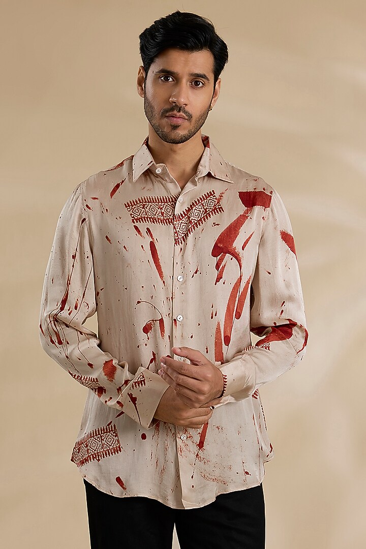 Beige Bamboo Silk Shibori Party Wear Shirt by ARJAN DUGAL at Pernia's Pop Up Shop