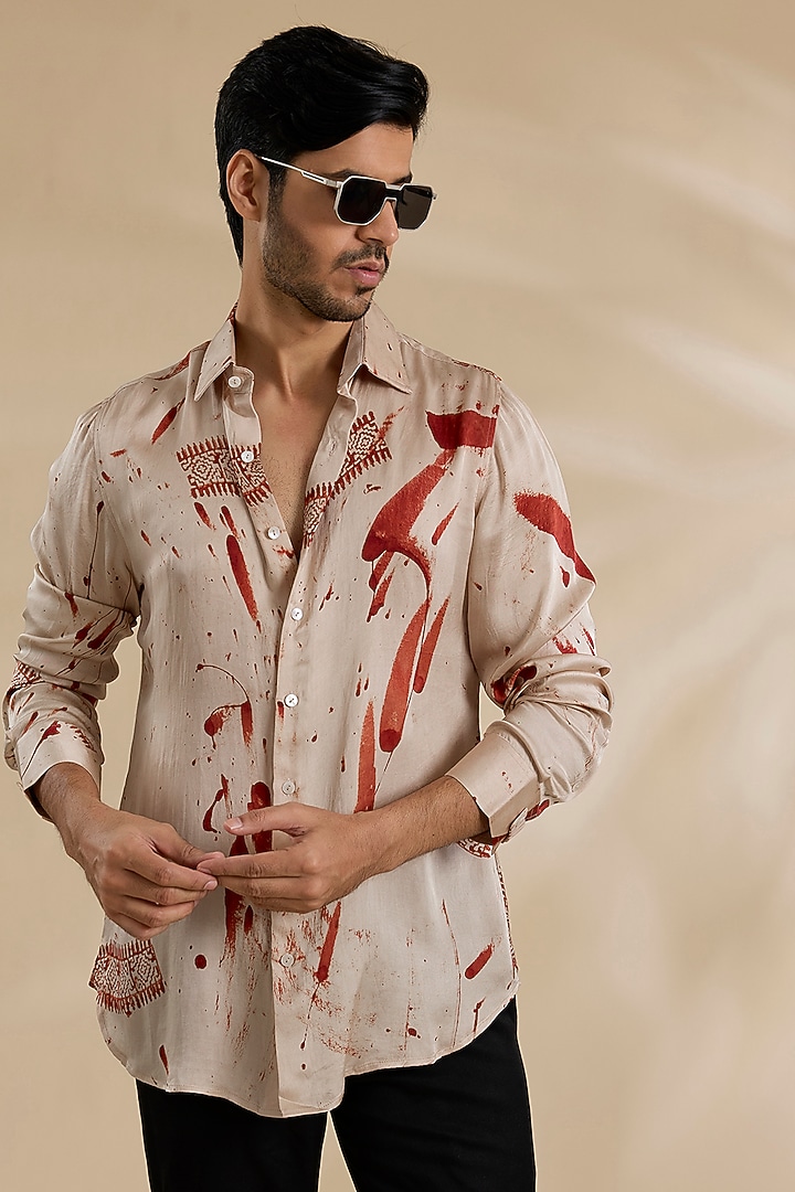 Beige Bamboo Silk Shibori Party Wear Shirt by ARJAN DUGAL at Pernia's Pop Up Shop