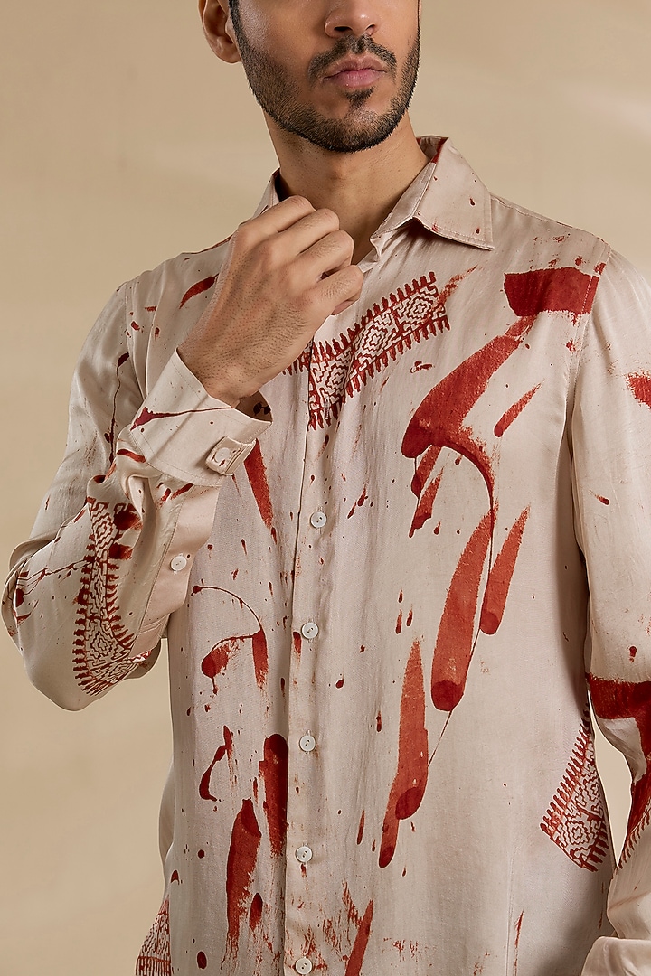 Beige Bamboo Silk Shibori Party Wear Shirt by ARJAN DUGAL at Pernia's Pop Up Shop