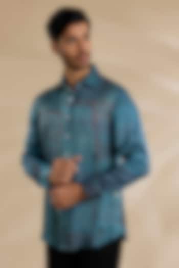 Blue Bamboo Silk Shibori Party Wear Shirt by ARJAN DUGAL at Pernia's Pop Up Shop