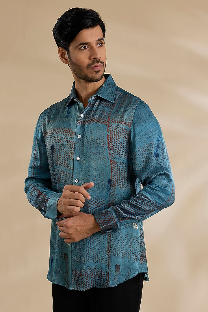 Blue Bamboo Silk Shibori Party Wear Shirt by ARJAN DUGAL at Pernia's Pop Up Shop
