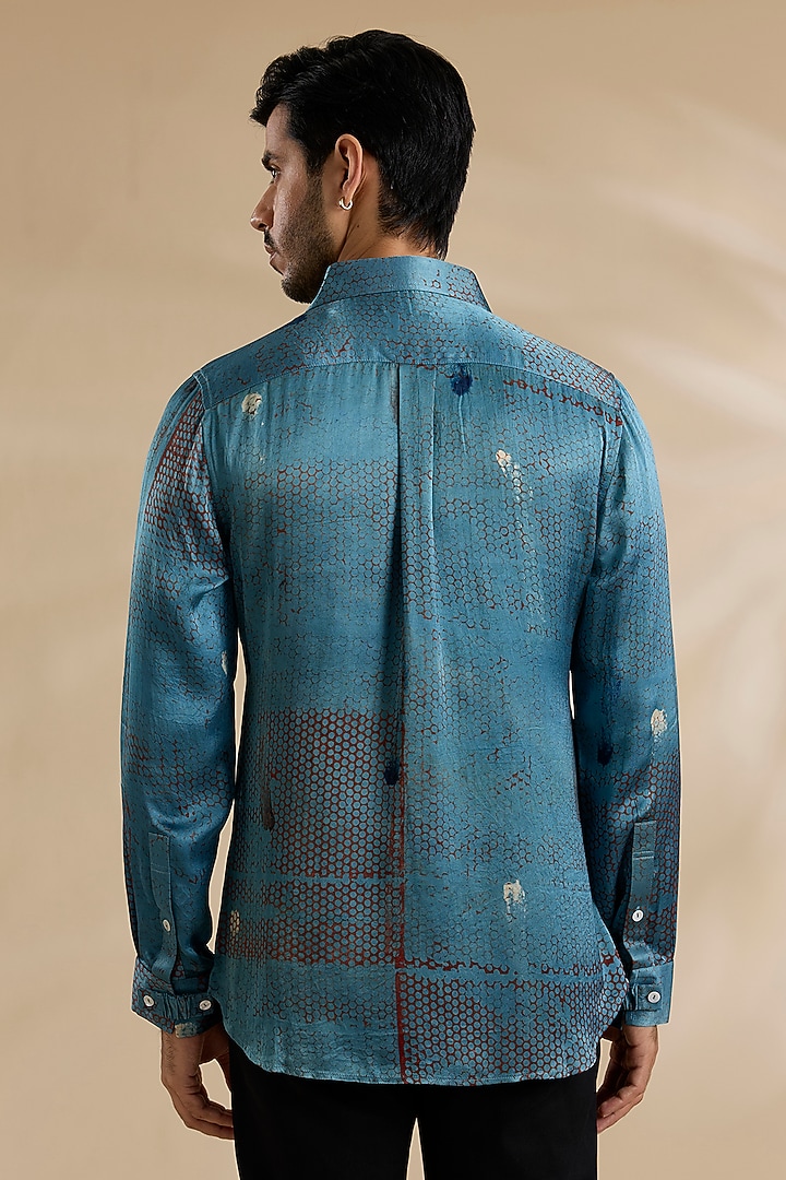 Blue Bamboo Silk Shibori Party Wear Shirt by ARJAN DUGAL at Pernia's Pop Up Shop