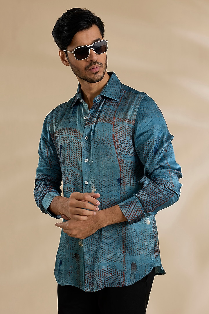 Blue Bamboo Silk Shibori Party Wear Shirt by ARJAN DUGAL at Pernia's Pop Up Shop