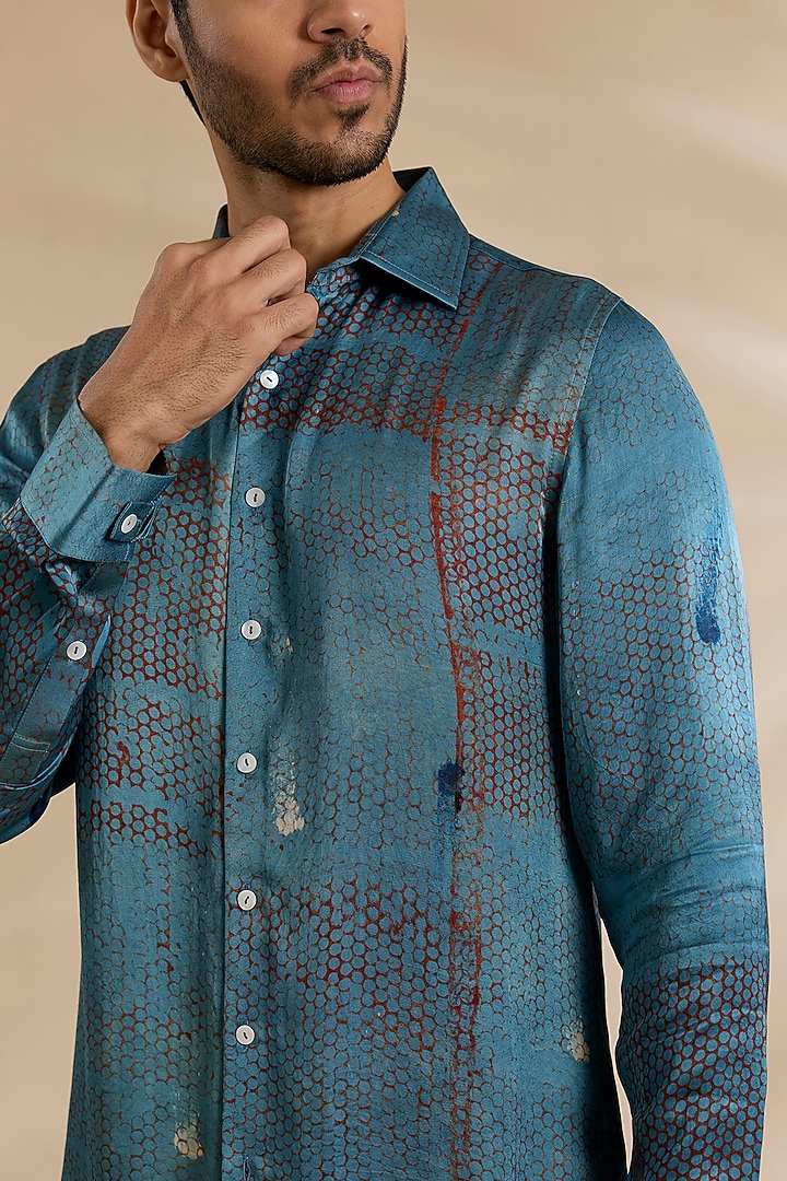 Blue Bamboo Silk Shibori Party Wear Shirt by ARJAN DUGAL at Pernia's Pop Up Shop