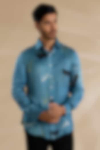 Blue Bamboo Silk Shibori Party Wear Shirt by ARJAN DUGAL at Pernia's Pop Up Shop
