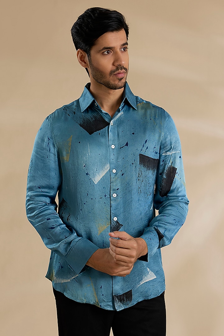 Blue Bamboo Silk Shibori Party Wear Shirt by ARJAN DUGAL at Pernia's Pop Up Shop