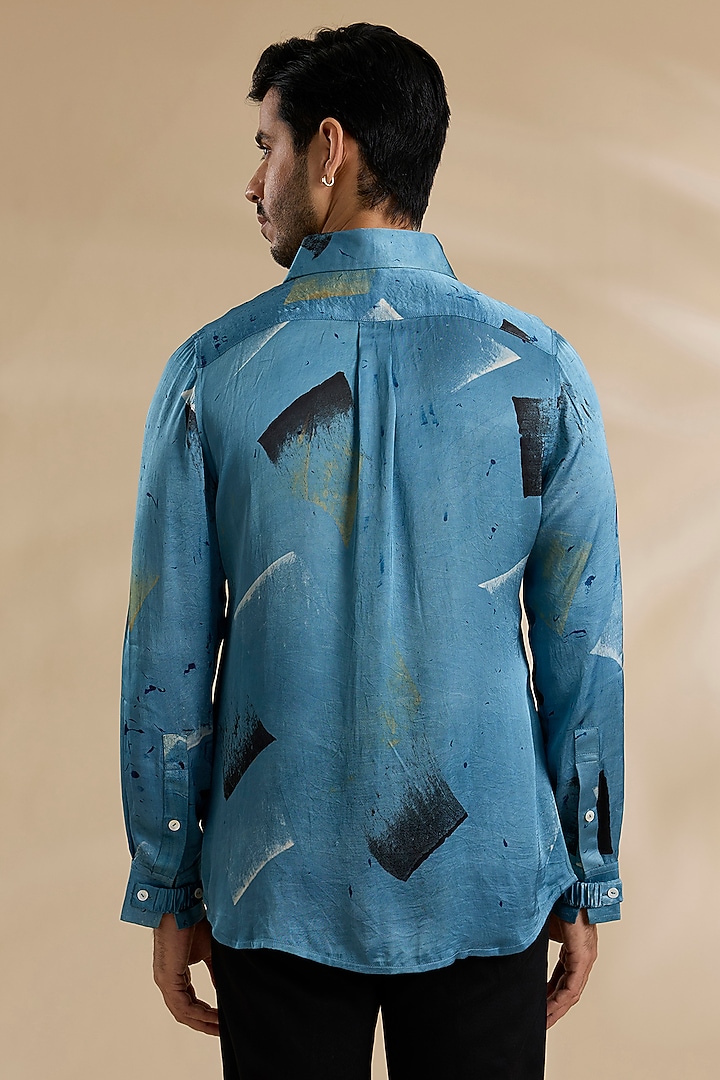 Blue Bamboo Silk Shibori Party Wear Shirt by ARJAN DUGAL at Pernia's Pop Up Shop
