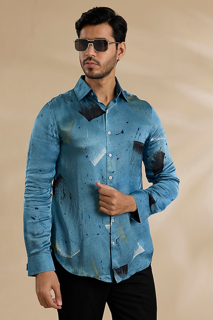 Blue Bamboo Silk Shibori Party Wear Shirt by ARJAN DUGAL at Pernia's Pop Up Shop