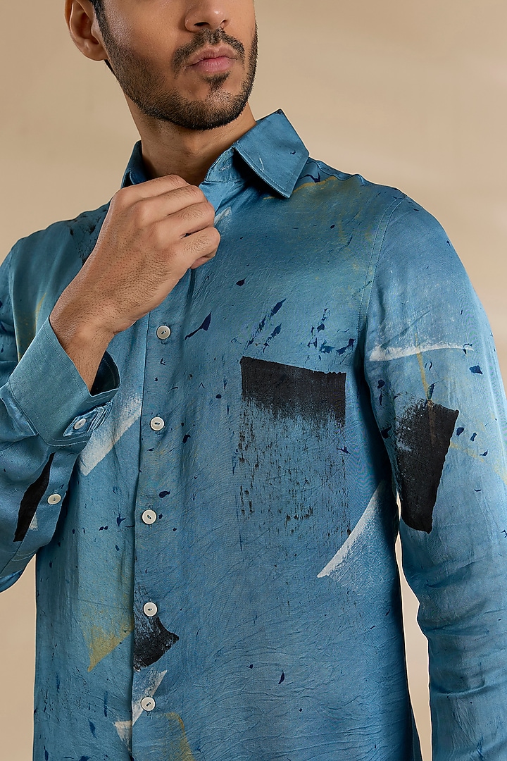 Blue Bamboo Silk Shibori Party Wear Shirt by ARJAN DUGAL at Pernia's Pop Up Shop