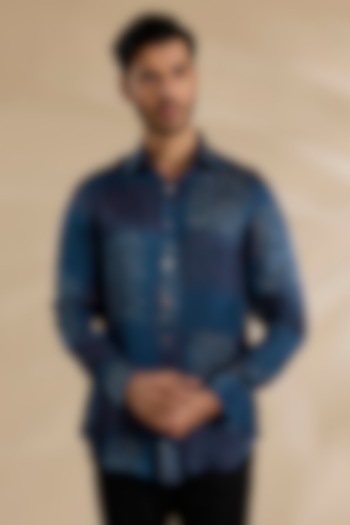 Navy-Black Bamboo Silk Party Wear Shirt by ARJAN DUGAL at Pernia's Pop Up Shop