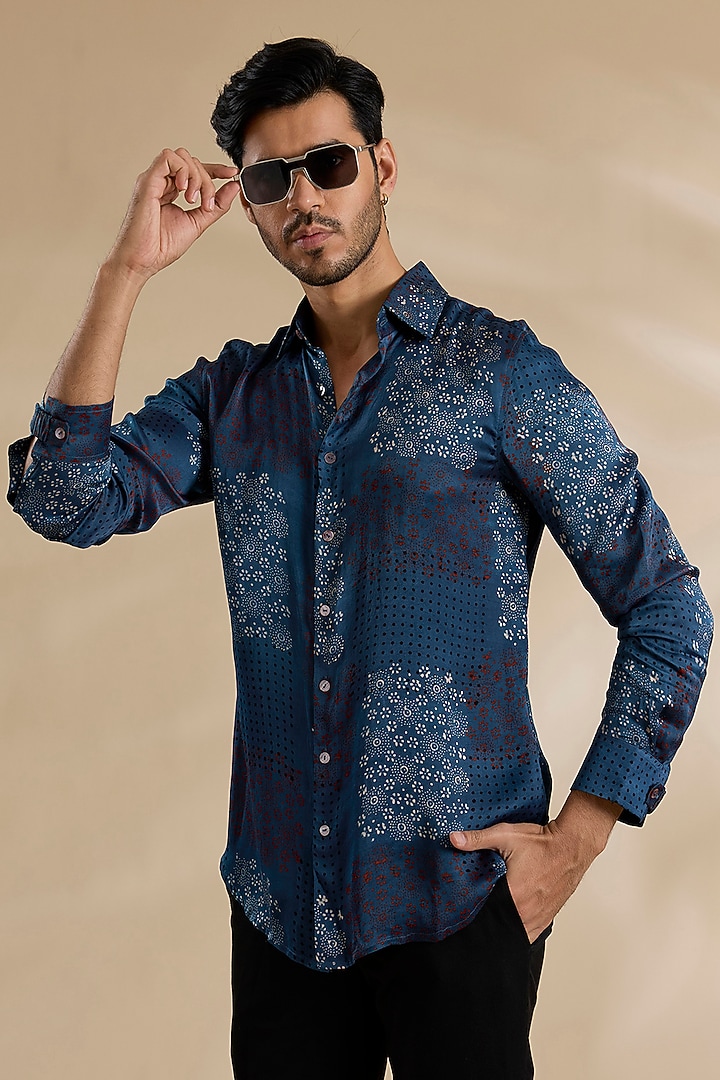 Navy-Black Bamboo Silk Party Wear Shirt by ARJAN DUGAL at Pernia's Pop Up Shop