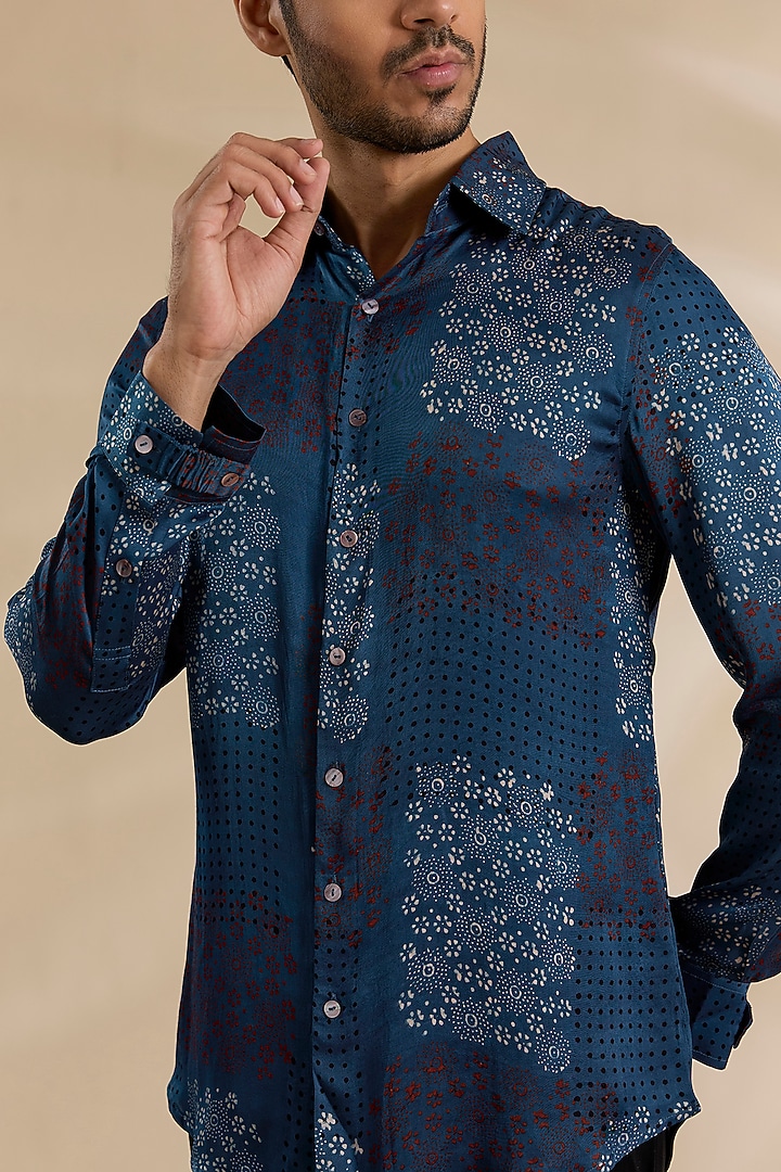 Navy-Black Bamboo Silk Party Wear Shirt by ARJAN DUGAL at Pernia's Pop Up Shop