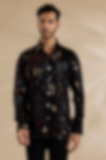 Navy Blue Bamboo Silk Party Wear Shirt by ARJAN DUGAL at Pernia's Pop Up Shop