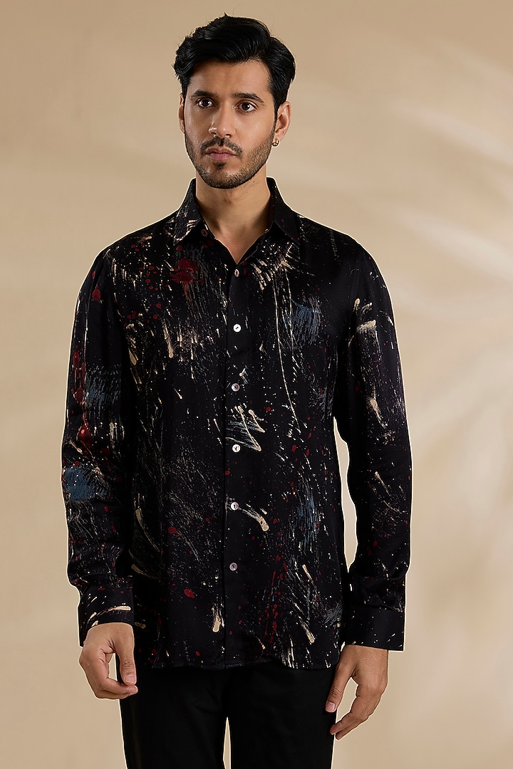 Navy Blue Bamboo Silk Party Wear Shirt by ARJAN DUGAL at Pernia's Pop Up Shop