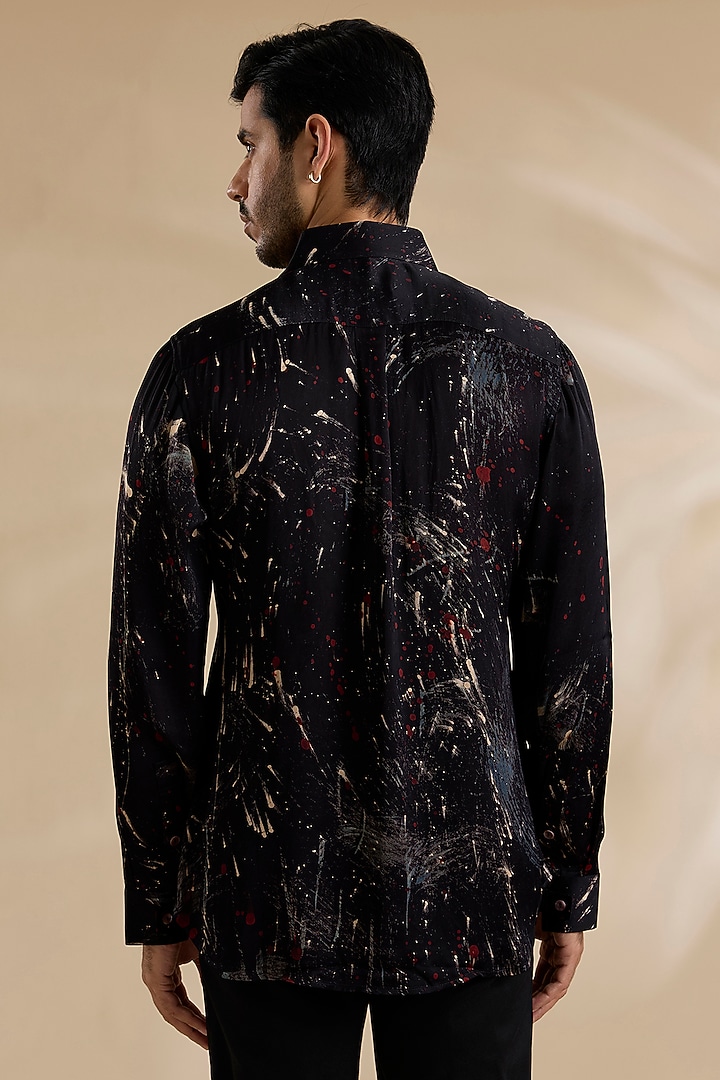 Navy Blue Bamboo Silk Party Wear Shirt by ARJAN DUGAL at Pernia's Pop Up Shop