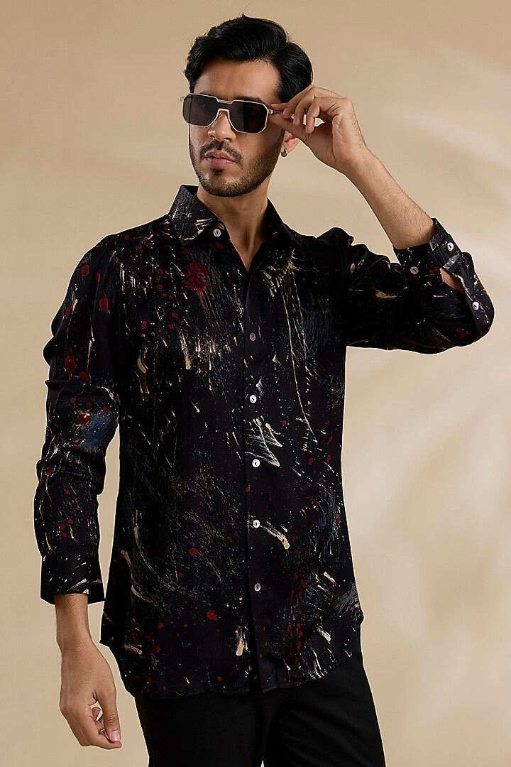 Navy Blue Bamboo Silk Party Wear Shirt by ARJAN DUGAL at Pernia's Pop Up Shop