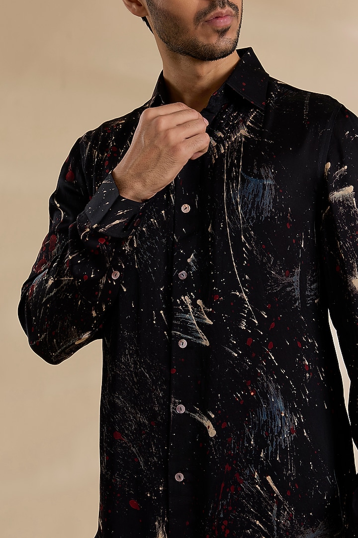 Navy Blue Bamboo Silk Party Wear Shirt by ARJAN DUGAL at Pernia's Pop Up Shop