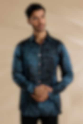 Navy Blue Bamboo Silk Party Wear Shirt by ARJAN DUGAL at Pernia's Pop Up Shop