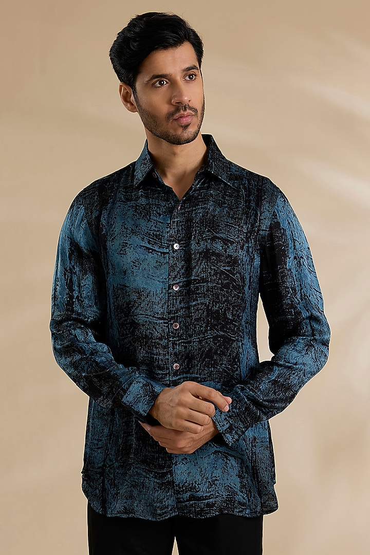 Navy Blue Bamboo Silk Party Wear Shirt by ARJAN DUGAL at Pernia's Pop Up Shop