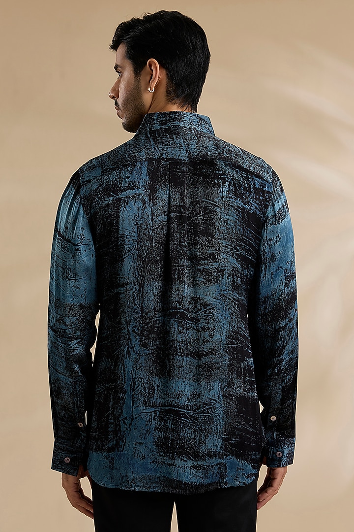 Navy Blue Bamboo Silk Party Wear Shirt by ARJAN DUGAL at Pernia's Pop Up Shop