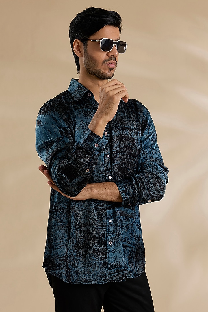 Navy Blue Bamboo Silk Party Wear Shirt by ARJAN DUGAL at Pernia's Pop Up Shop