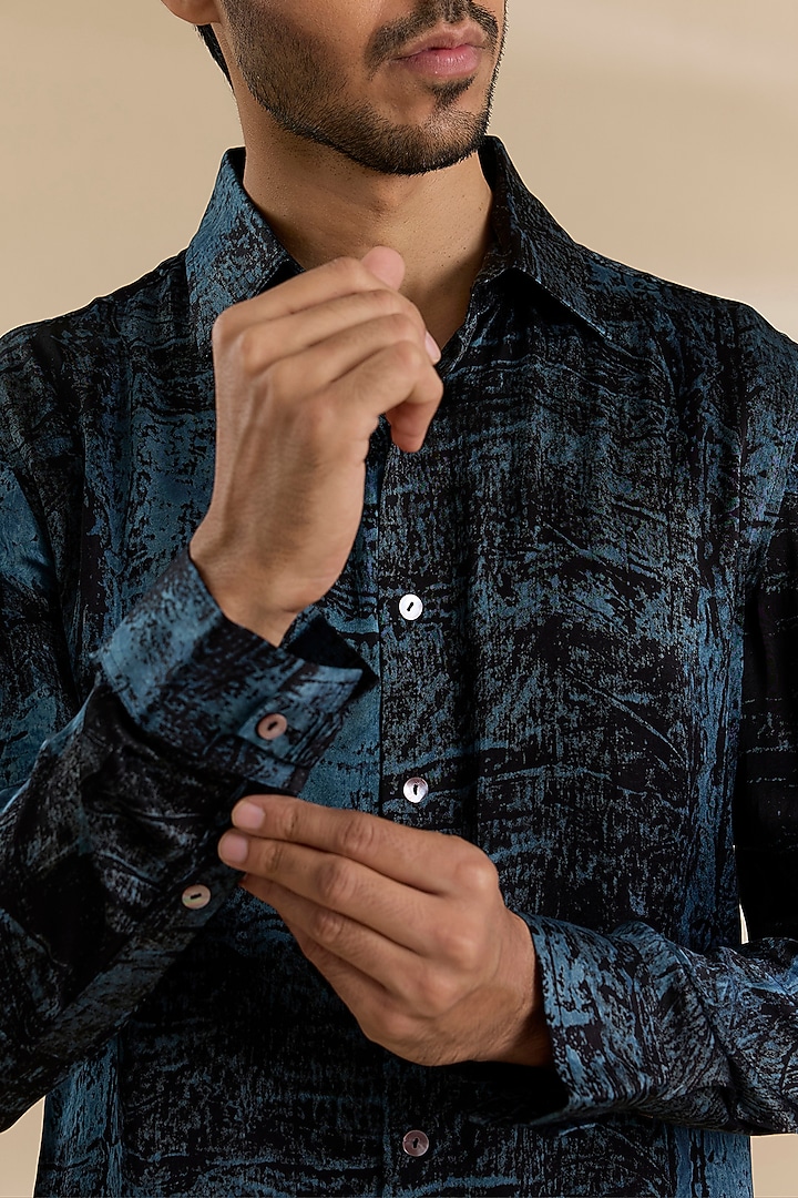 Navy Blue Bamboo Silk Party Wear Shirt by ARJAN DUGAL at Pernia's Pop Up Shop