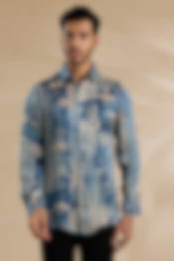 Navy Blue Bamboo Silk Party Wear Shirt by ARJAN DUGAL at Pernia's Pop Up Shop