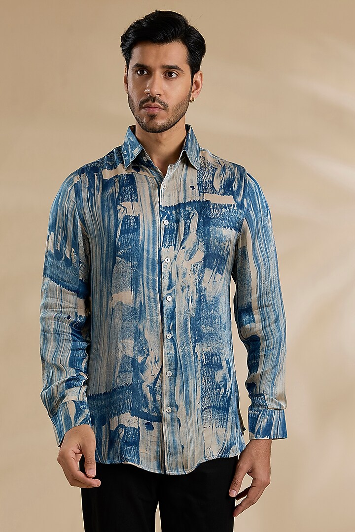 Navy Blue Bamboo Silk Party Wear Shirt by ARJAN DUGAL at Pernia's Pop Up Shop