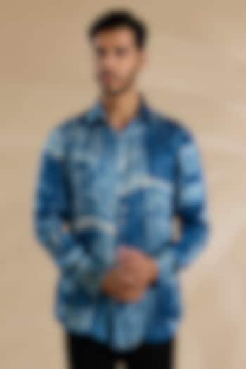 Navy Blue Bamboo Silk Party Wear Shirt by ARJAN DUGAL at Pernia's Pop Up Shop