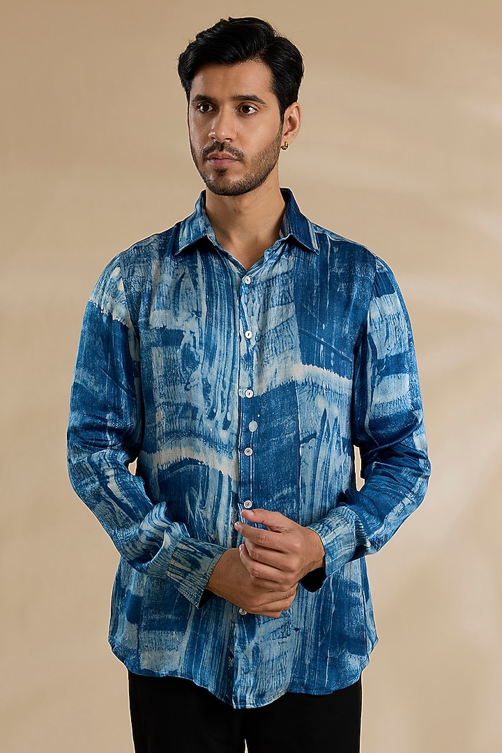 Navy Blue Bamboo Silk Party Wear Shirt by ARJAN DUGAL at Pernia's Pop Up Shop