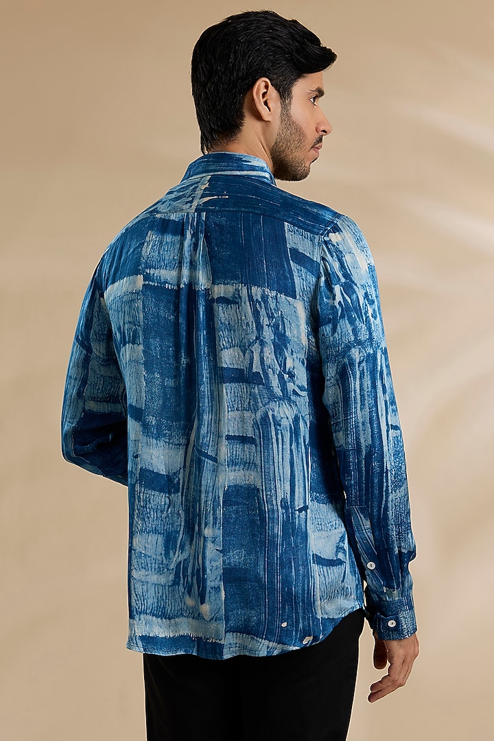 Navy Blue Bamboo Silk Party Wear Shirt by ARJAN DUGAL at Pernia's Pop Up Shop