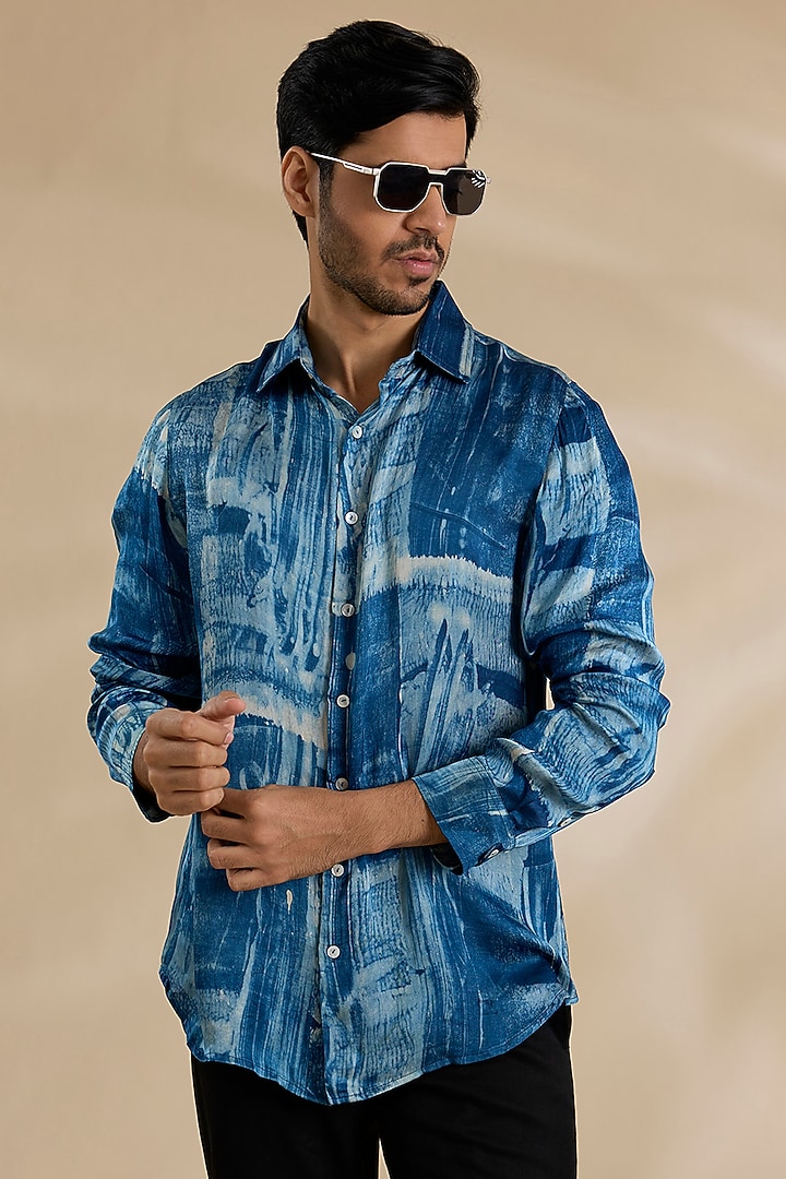 Navy Blue Bamboo Silk Party Wear Shirt by ARJAN DUGAL at Pernia's Pop Up Shop
